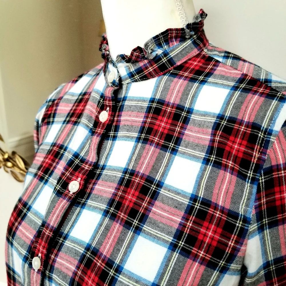 New! J Crew sz. Small S Stewart Tartan Plaid Flannel Ruffle trim NWT